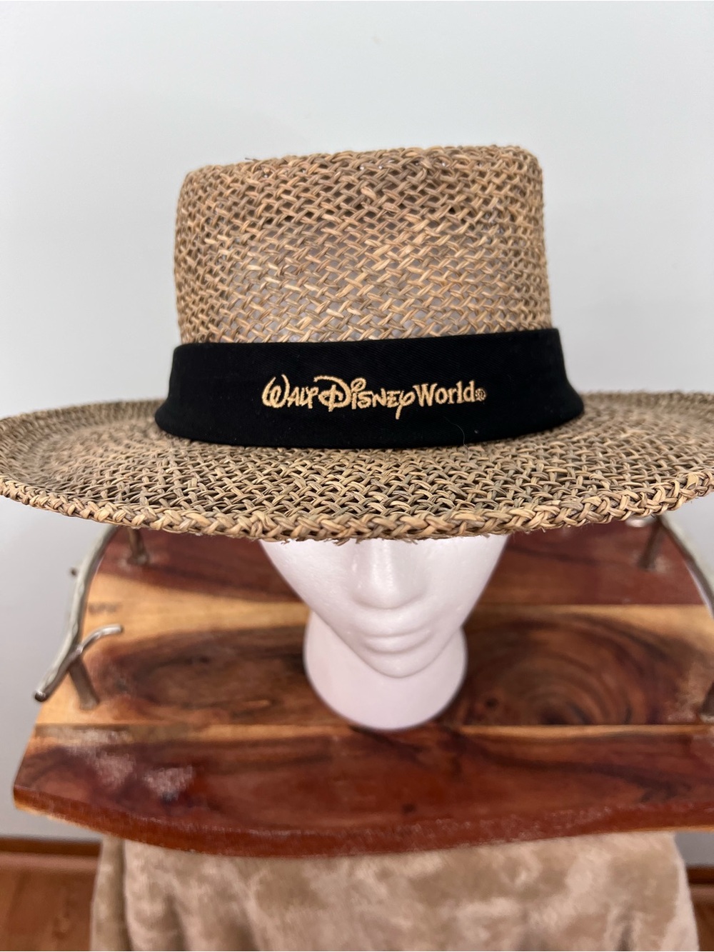 Walt Disney World Logo Natural Straw Safari Hat Wide Brim Sun Hat S/M